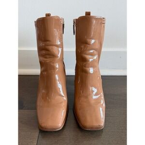 ALDO Womens Patent Square Toe Chunky Heel Ankle Boots Tan Size 8.5